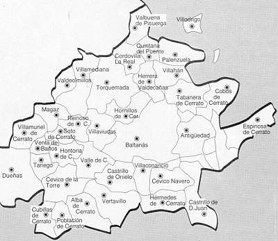 Mapa del Cerrato palentino. Mapa tomado del libro de Gordaliza y Canal, Toponimia Palentina
